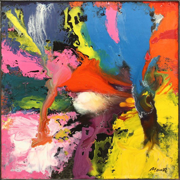 Painting, Manor Shadian, Four Seasons: Framed oil on board, ''Four Seasons,'' by Manor Shadian (Californian, b.1931), signed ''Manor'' lower right, titled verso, overall: 36.5''h x 36.5''w