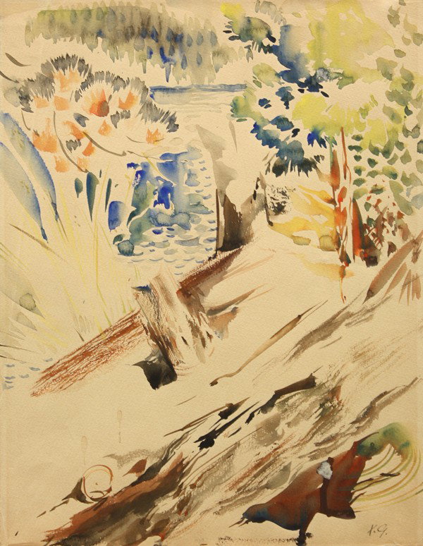 Watercolors, Xavier Gonzalez, landscapes: (Lot of 4) Unframed watercolors, To Ruth, 1941, signed ''Xavier '41'' lower right and Colorado, 1970, signed ''X.G. '70'' lower right, by Xavier Gonzalez (Spanish/American, 1898-1993), plus two others