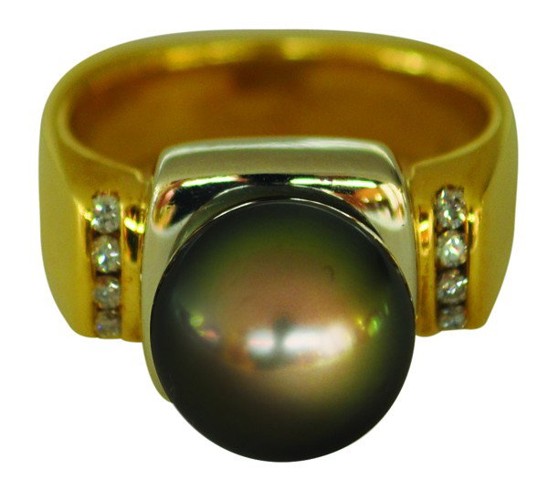 Tahitian cultured pearl diamond platinum gold ring: Black Tahitian cultured pearl and diamond ring; of platinum and 18k yellow gold, having a 10.2 - 10.3 mm black Tahitian cultured pearl (8) diamonds weighing 0.12 ct. Total ring weight 18.4 grams. Ring