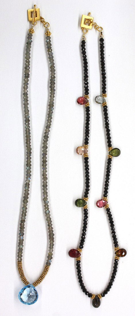 Tourmaline and labradorite beaded necklaces: (Lot of 2) Beaded necklaces, including; one with black tourmaline rondelle beads, multi-colored pear shaped drops, vermeil clasp and spacers. Necklace length 18'' and one with labradorite beads, blue 