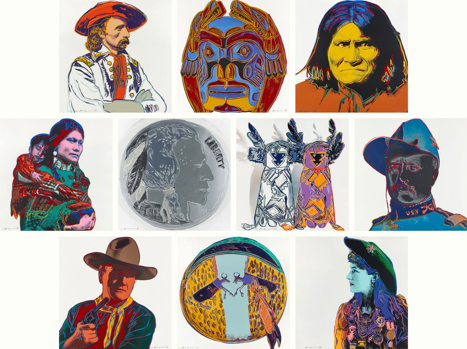 Prints, Andy Warhol: Andy Warhol (American, 1928-1987), "Cowboys and Indians," 1986, complete portfolio of ten screenprints on Lenox Museum Board with colophon page, each pencil signed lower margins, edition 68/250, print