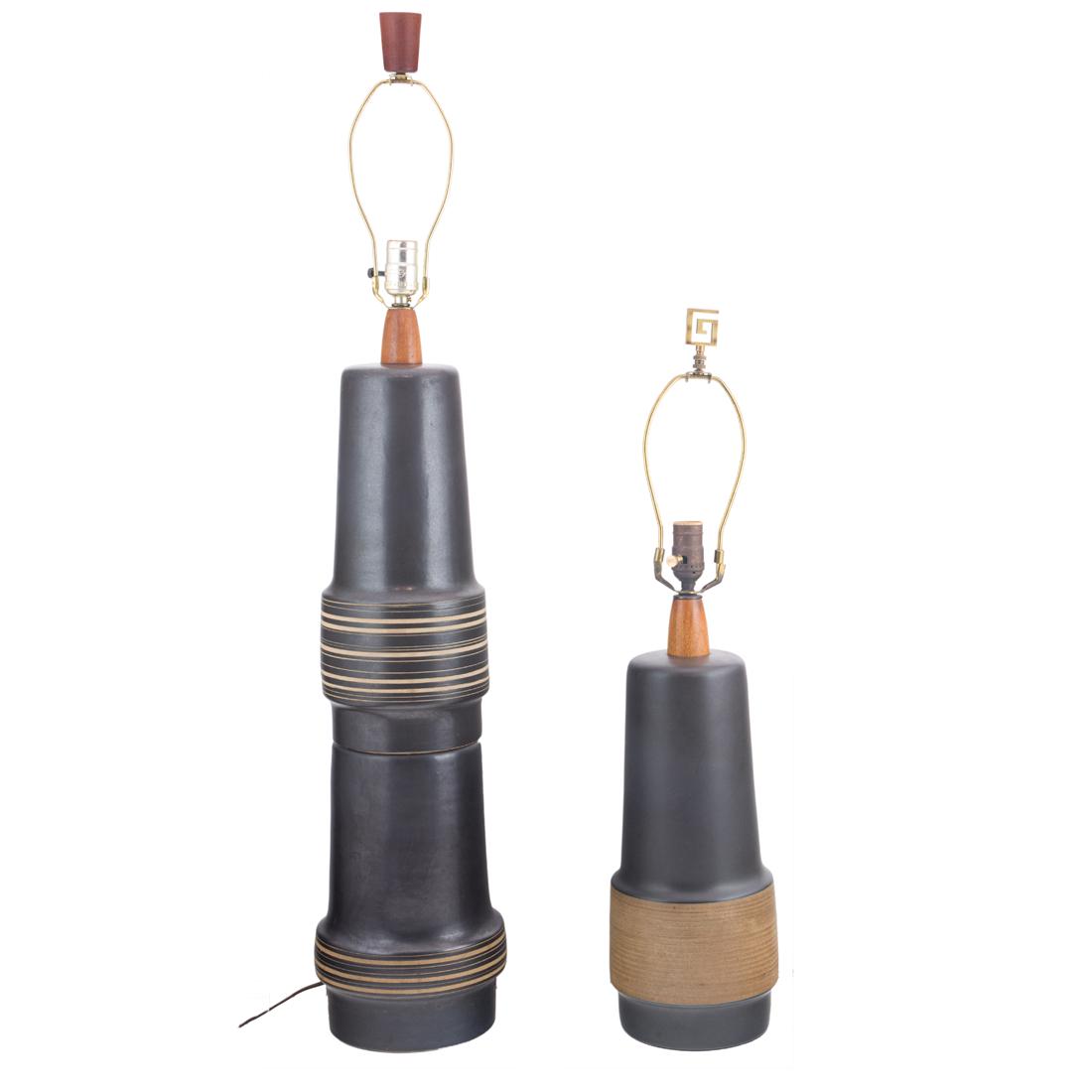 Gordon & Jane Martz, Table Lamps, lot of two: Gordon & Jane Martz, Table Lamps, lot of twoMarshall Studios, USA, glazed ceramic, walnut, each incised 'Martz', one with Marshall Studios label, overall 29.5" and 41.5"h