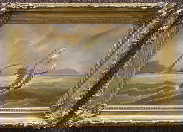 Framed oil, Ship, Clement Drew: Framed oil on canvas, Three-masted Ship on Choppy Water (1873), by Clement Drew (American 1806-1889), signed and dated lower left, image: 14''h x 21''W, frame: 19.5''H x 27.5''W