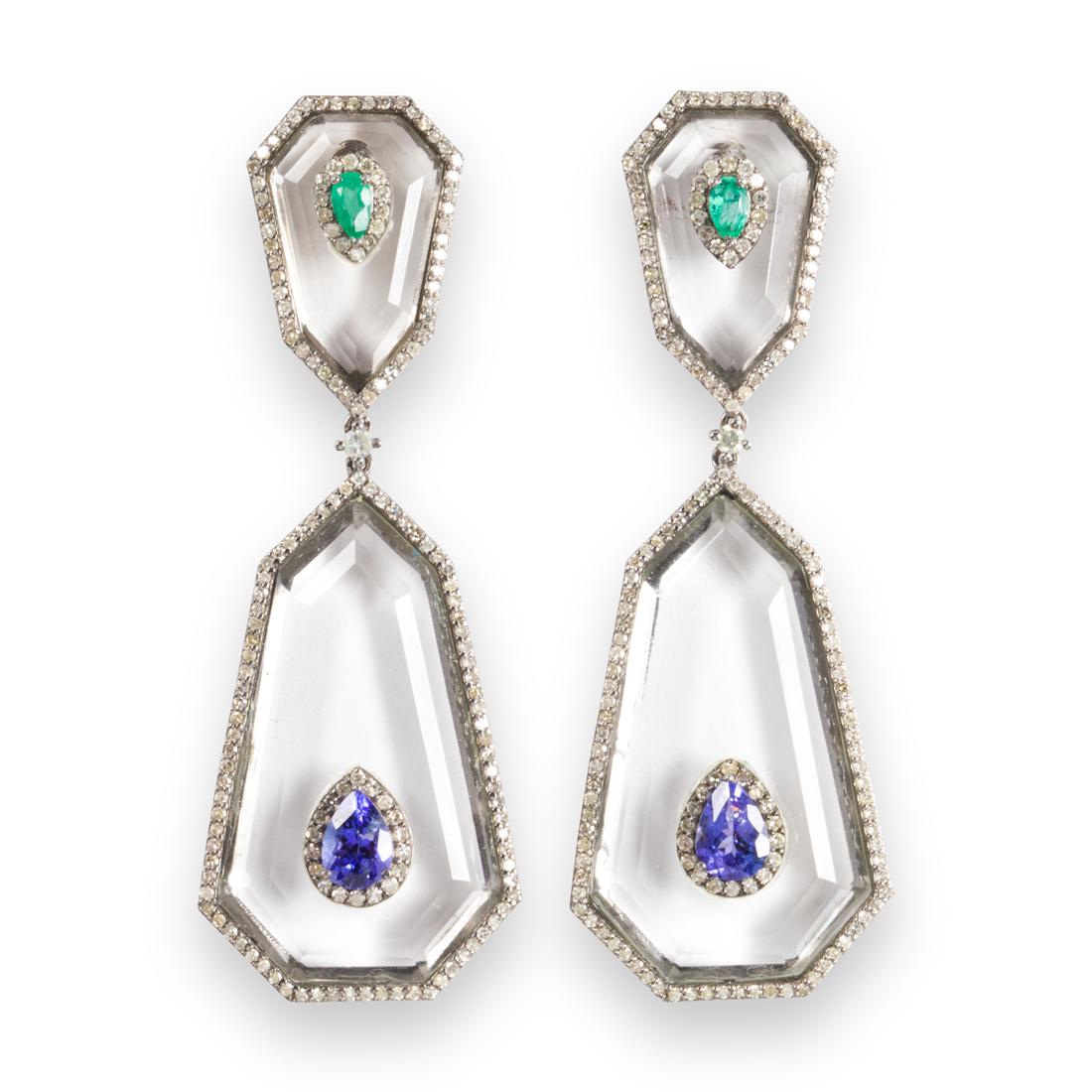 A pair of rock crystal, emerald, tanzanite and diamond earrings (1 of 1)
