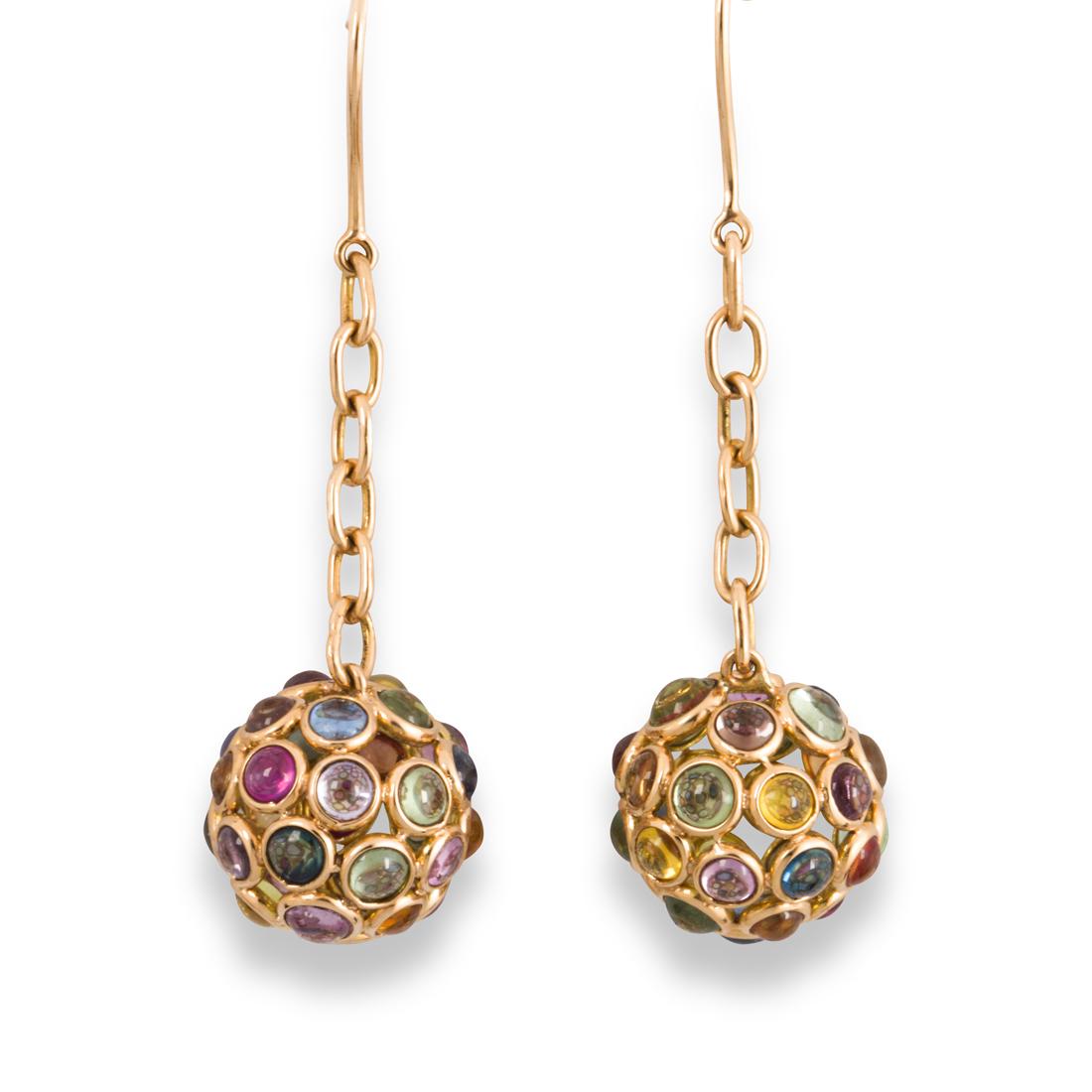 A pair of fancy colored sapphire and eighteen karat gold earrings: A pair of fancy colored sapphire and eighteen karat gold earrings each a ball design, densely set with round cabochon fancy colored sapphires, on cable link chain; estimated total fancy colored sapphi