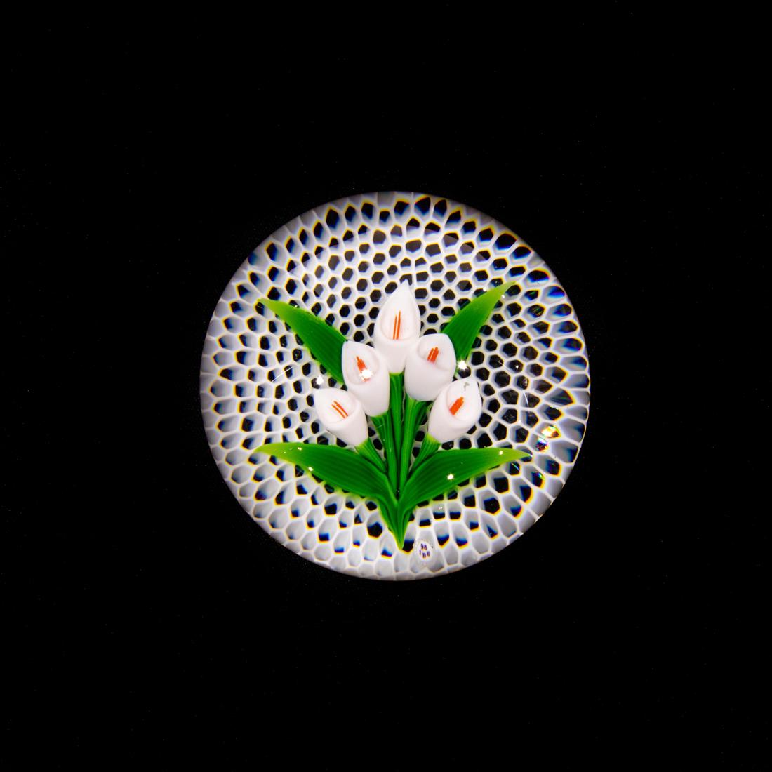 A Baccarat limited edition calla lily paperweight: A Baccarat limited edition calla lily paperweight, edition 49 of 200, dated 1986, 2.25"h x 3.25"dia.