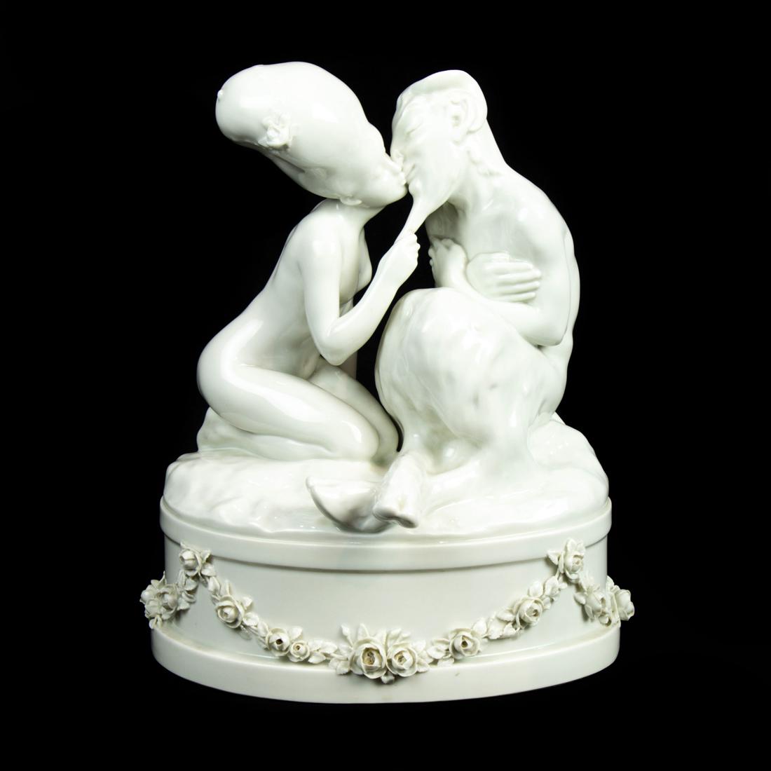 A Royal Copenhagen blanc de chine porcelain figural group of a nymph and faun (1 of 5)