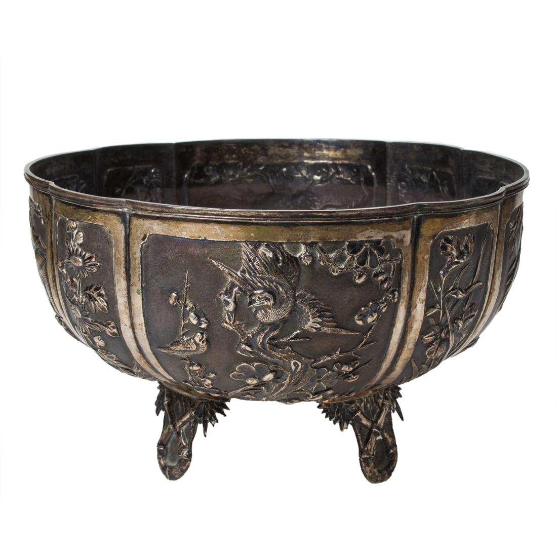 Chinese export repousse silver footed bowl (1 of 3)