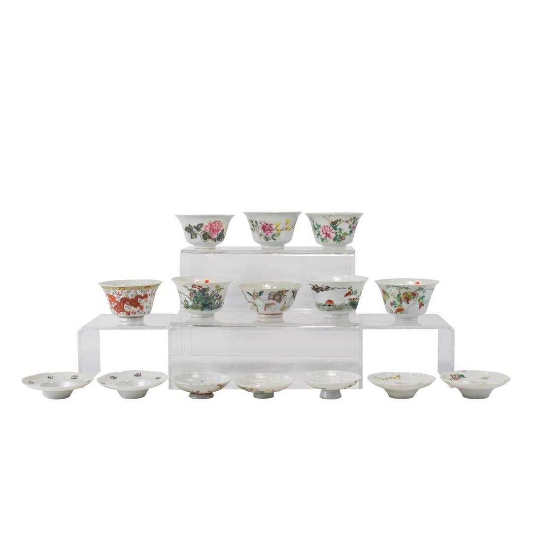 Group of Chinese famille rose tea cups, lids and stands (1 of 3)