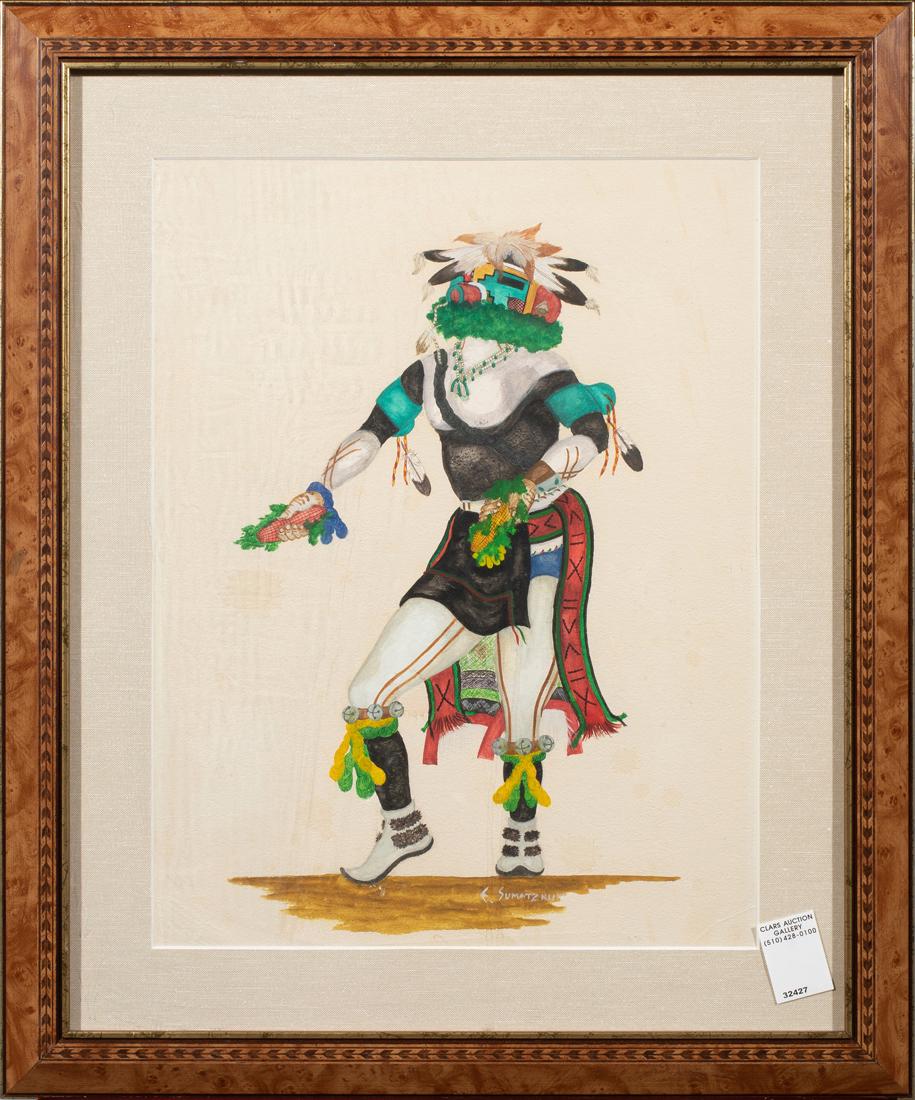 Work on paper, Edgar Sumatzkuku: Edgar Sumatzkuku (American, 20th century), Harvest Dance, watercolor and gouache on paper, signed lower center, overall (with frame): 23.5"h x 19.5"w