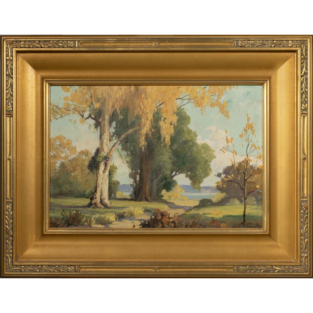 Painting, Davis Schwartz: Davis Francis Schwartz (American, 1879-1969), "Sleepy Hollow near San Rafael," oil on board, signed lower right, titled verso, overall (with frame): 18.25"h x 26.25"w
