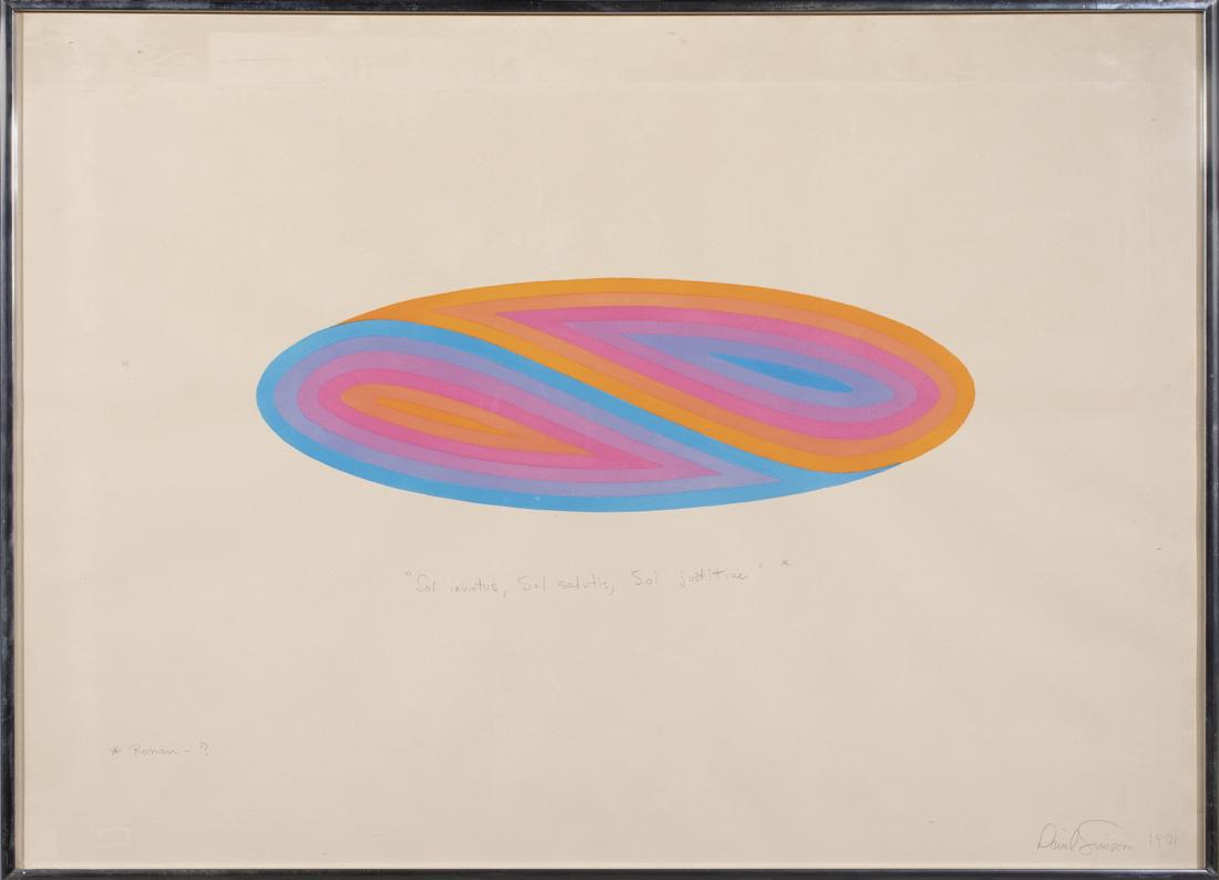 Watercolor, David Simpson: David Simpson (American, b. 1928), "Sol Invictus, Sol Salutis, Sol Justitiae," 1971, watercolor on paper, pencil signed and dated lower right, overall (with frame): 22.5"h x 33.25"w