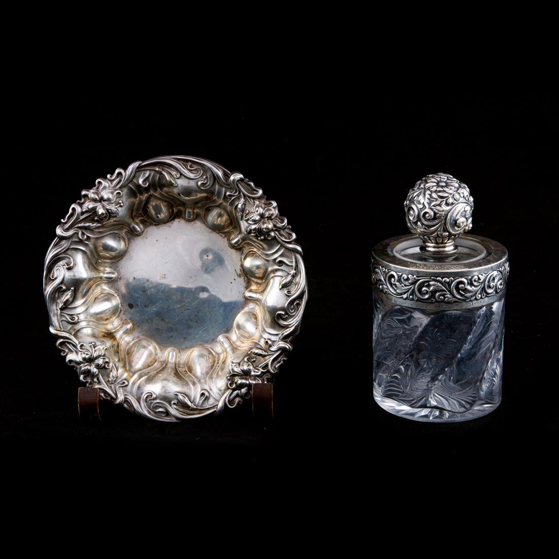 Art Noveau Meriden Britannia sterling candy bowl #519 6"d: Art Noveau Meriden Britannia sterling candy bowl #519 6"d and a sterling mounted covered cut glass cylindrical jar with floral repousse mounted handle 5.5"h, total weighable 2.8 toz