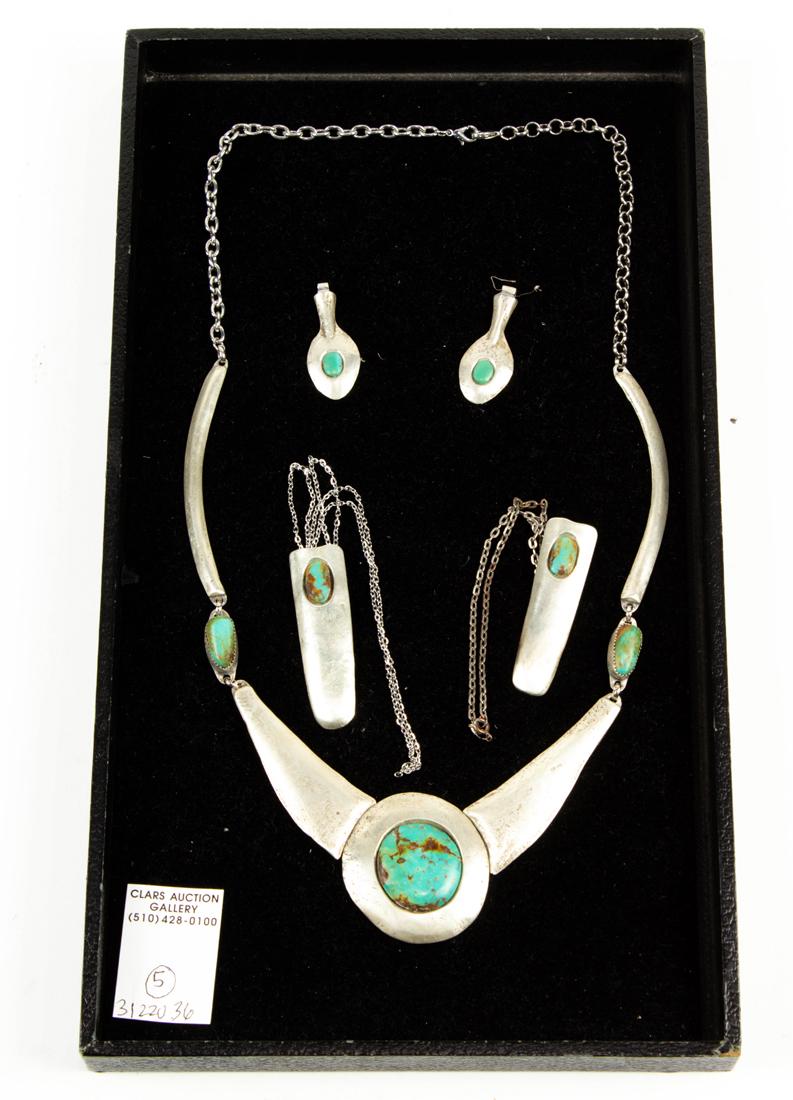 A Navajo cowgirl turquoise and silver five piece jewelry suite (1 of 4)