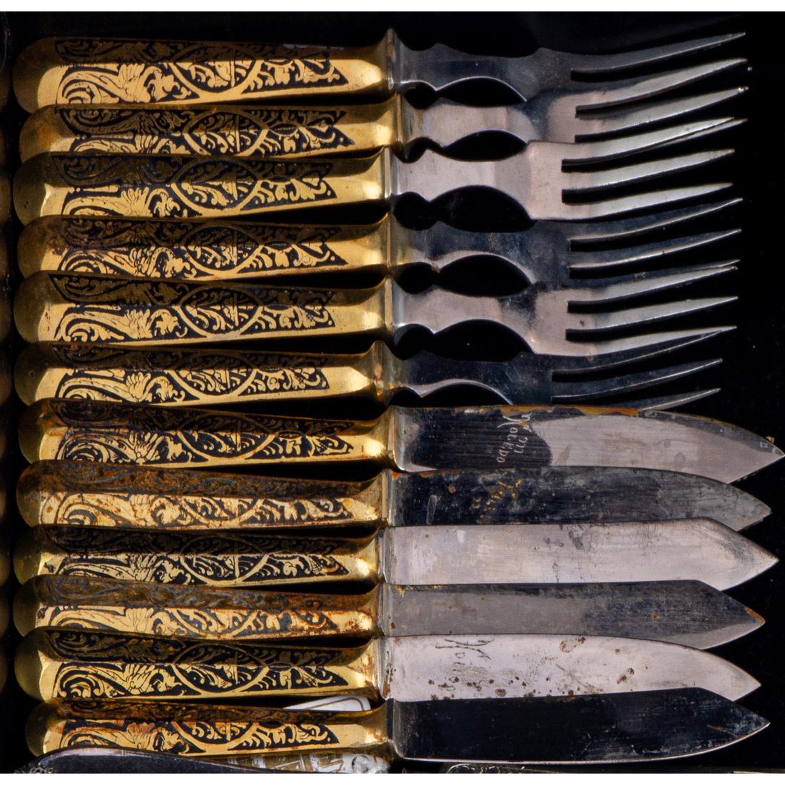 (12) Asian gilt metal fruit set, comprising (6) forks and (6) knives, each 6 (1 of 1)