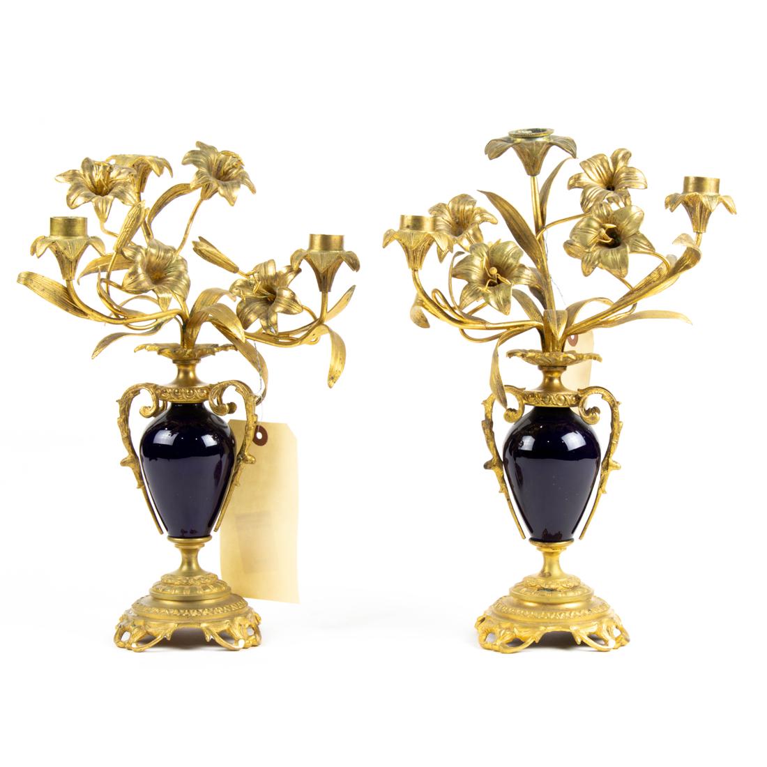 A pair of Louis XV style gilt bronze mounted cobalt porcelain three-light candelabra (1 of 1)