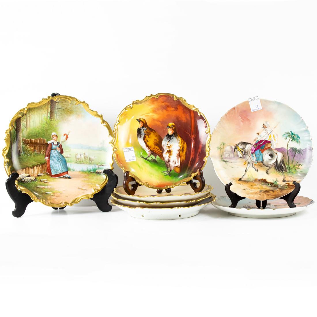 (Lot of 7) Limoges porcelain painted cabinet plates: (Lot of 7) Limoges porcelain painted cabinet plates, comprising charger painted with shepherdess holding a skein of wool, signed indisctinctly; (2) plates with Arabian men on horseback; (3) plates wit