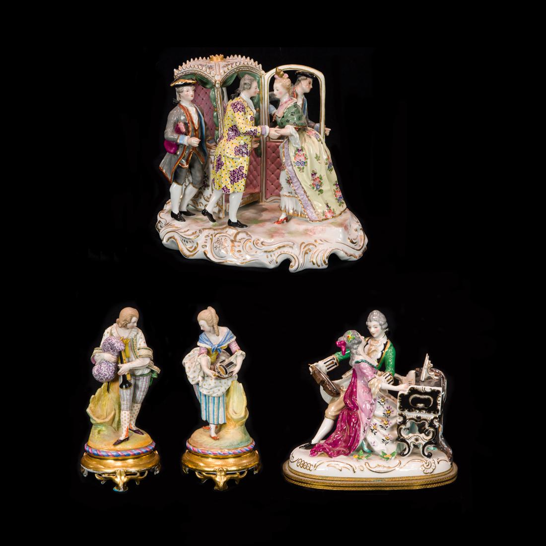 (Lot of 4) Continental porcelain figures, including Dresden sedan group (1 of 5)