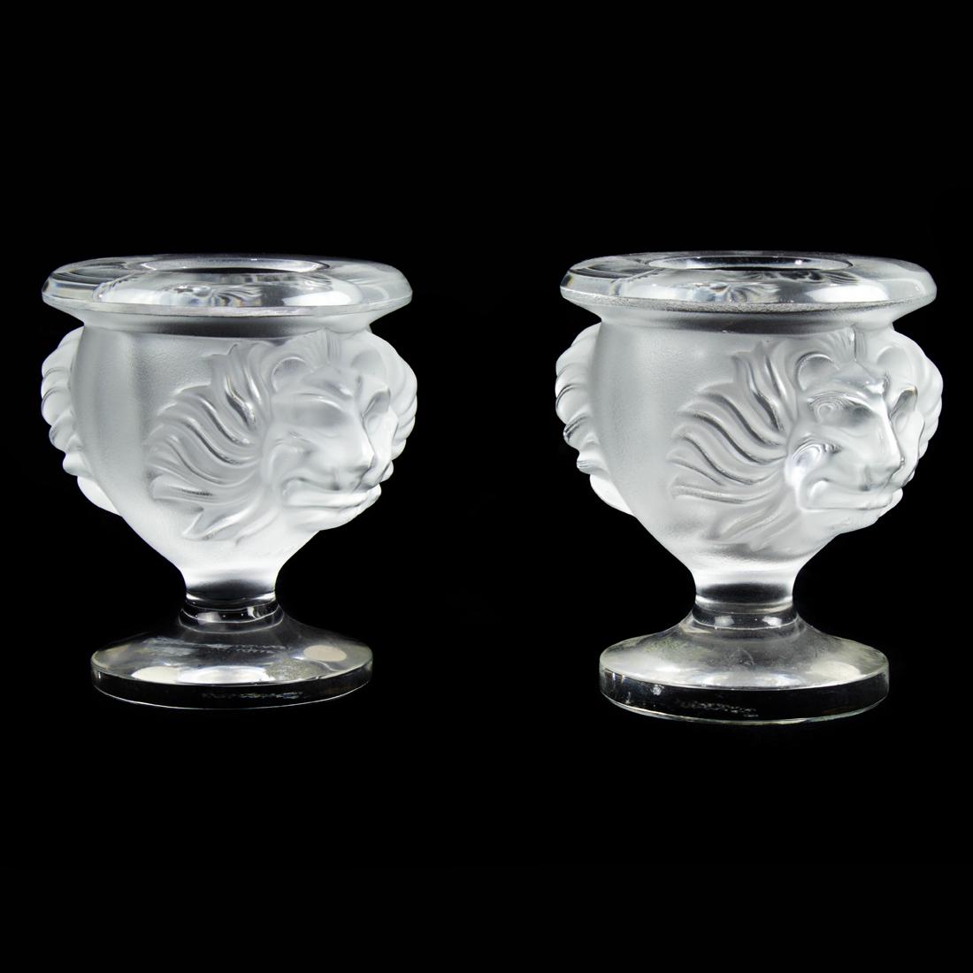 (Lot of 2) Lalique frosted and clear glass Tete de lion cigarette holders: (Lot of 2) Lalique frosted and clear glass Tete de lion cigarette holders, 3.75"h