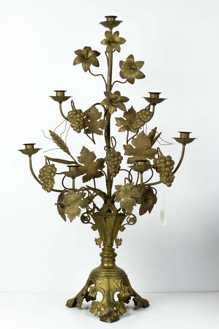 Continental gilt brass and tole seven light flowering altar candelabrum, 32"h (1 of 1)