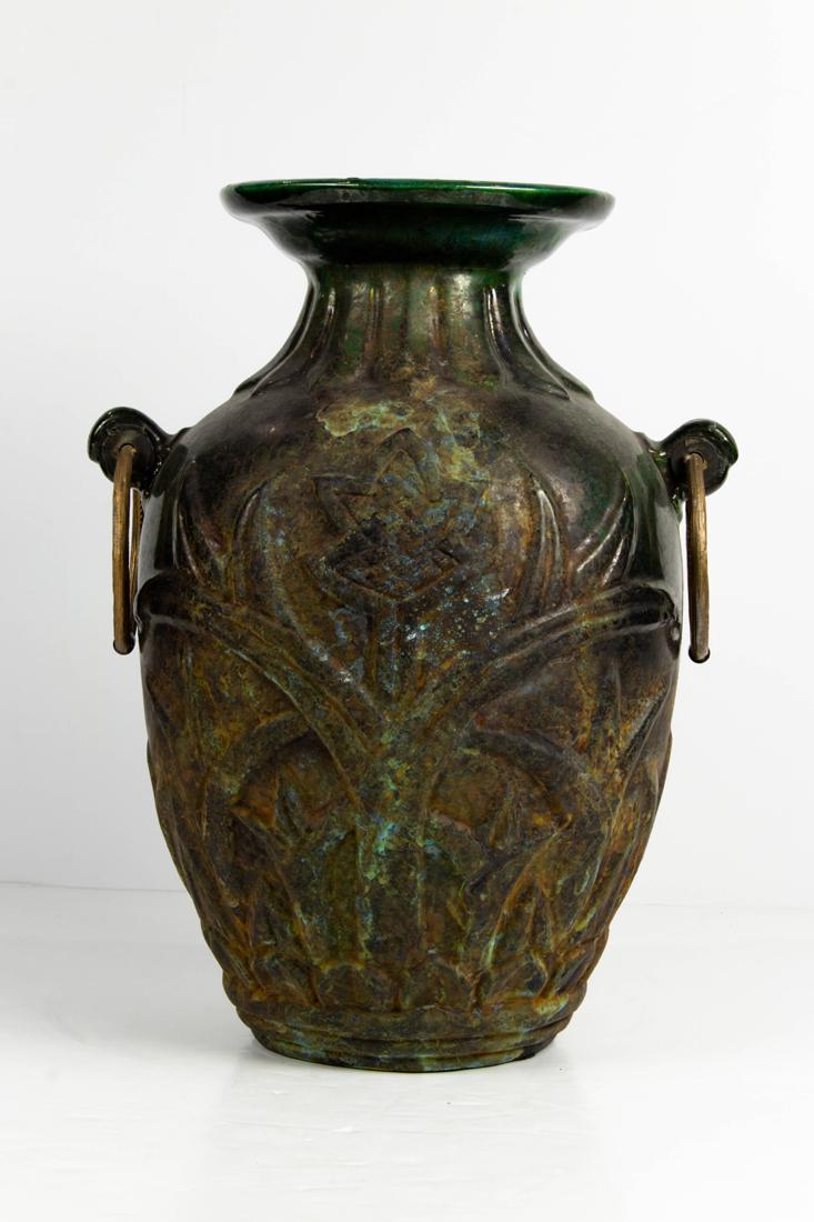 A tall bronze mounted pottery two-handled vase (1 of 1)