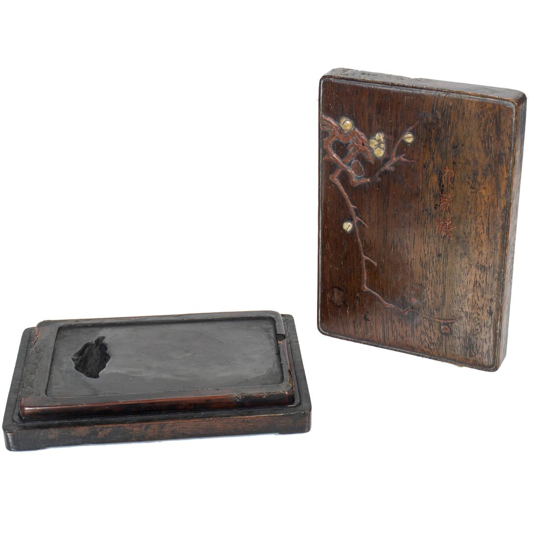 Chinese inkstone with wood case: Chinese inkstone with wood case, 6.5"l.