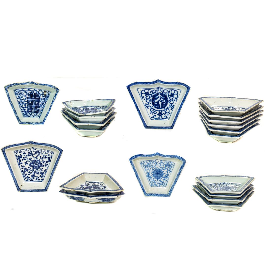 (Lot of 20) Chinese blue and white sectional trays: (Lot of 20) Chinese blue and white sectional trays, largest 5.5"w.