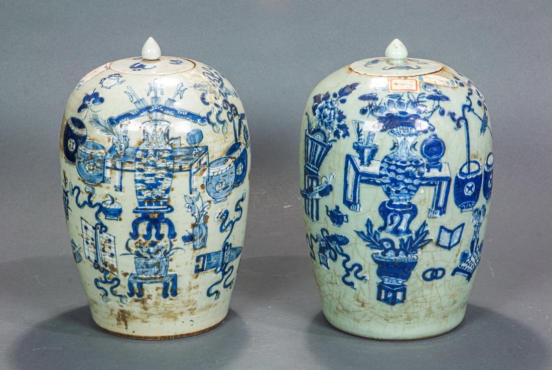 (lot of 2) Chinese blue and white celadon ground lidded jars (1 of 1)