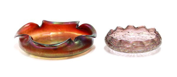 Loetz art glass bowl: (lot of 2) Loetz threaded art glass bowl, having a scalloped rim surmounting the bulbous body and marked on underside ''Loetz Austria'' 2.5''h x 8.5''w, together with an iridescent oil spot art glass