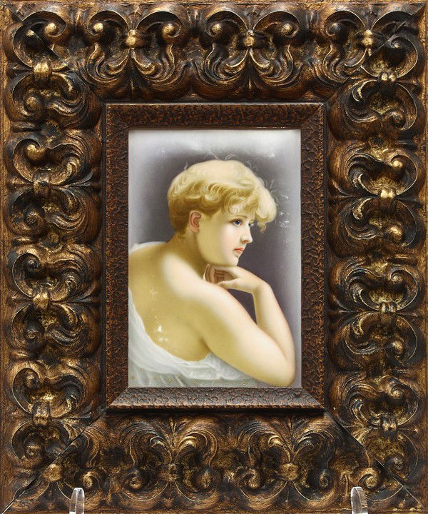KPM porcelain plaque: KPM polychrome decorated porcelain plaque, depicting a fair young maiden draped in a white gown with exposed shoulders and gazing outward, verso marked '' A study after Henbach'' and impressed with KP