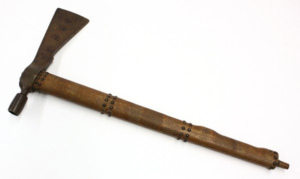 Hudson's Bay pipe tomahawk: Hudson's Bay fur traders pipe tomahawk, Hudson Bay Fir Co. 19th Century, executed for trading purposes, the tomahawk has a brass tack decorated 19.5'' haft terminating at the wrought pipe axe head dec