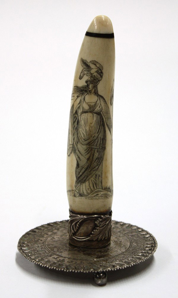 Sheffield mounted scrimshaw 1859: Sheffield mounted and footed scrimshaw, dated 1859, the scrimshaw having a figural depiction on one side, and 'Ship Union 1859' verso, mounted to a later James Deakin and Sons Sheffield footed base ci