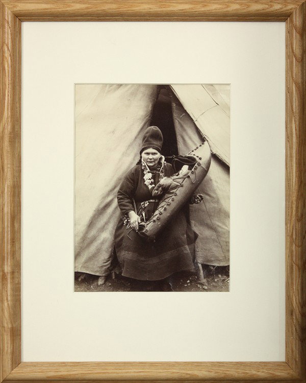 Albumen, Sami Laplander, woman & child: Photograph, Albumen silver print, circa 1870, Sami Laplander woman with child, dressed in indigenous attire, the child supported in a cradle board, sight: 8.25''h x 6.25''w, frame: 15.5''h x 12.5''w