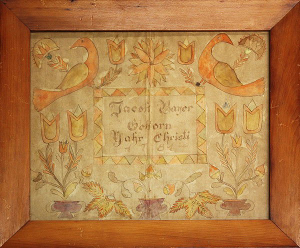 Pennsylvania Fraktur, Taufscheine 1781: Pennsylvania Fraktur, Taufscheine (birth and baptismal certificate), with a central cartouche, with the name Jacob Bayer, 1781, flanked by tulips in potts and doves, watercolor and ink on paper, sight