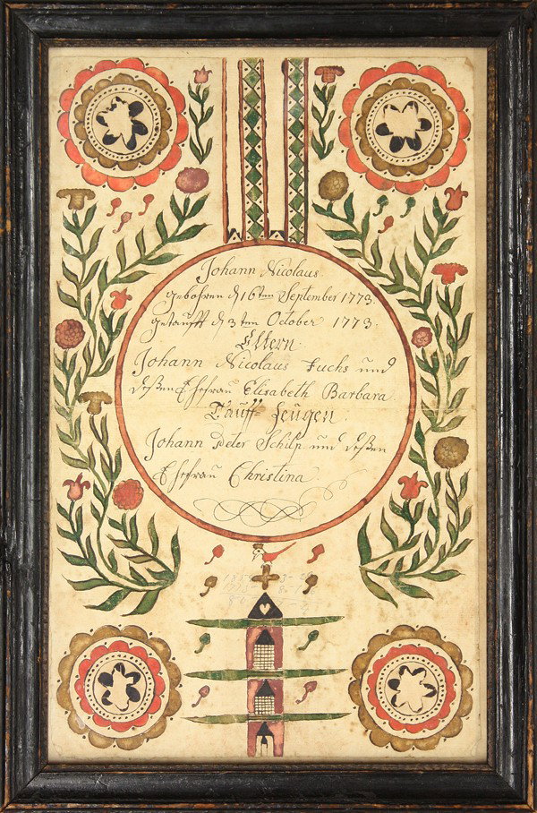 Pennsylvania Frakturs: (Lot of 2) Pennsylvania Frakturs, one dated 1773, with a central cartouche, and a medallion in each corner, the other dated 1787, a Taufscheine (birth and baptismal certificate), decorated with flora 