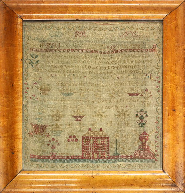 Pennsylvania needlepoint sampler: Pennsylvania needlepoint sampler, silk on linen, inscribed ''Elizabeth Sanders, 1842'', with alphabet and verse over a central building, flanked by a windmill and potted plants, sight: 14.5''h x 13''w