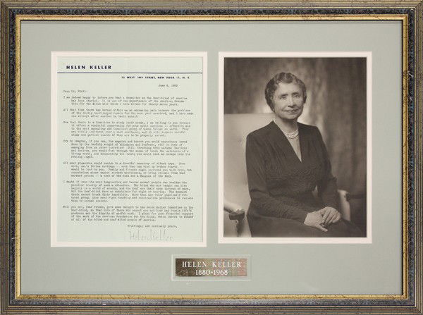 Autograph, Helen Keller: Autograph, signed typewritten letter, signed by Helen Keller's secretary, 15 West 16th Street, New York 11, N.Y., June 5th, 1950, together with an associated portrait, frame: 16.5"h x 22"w