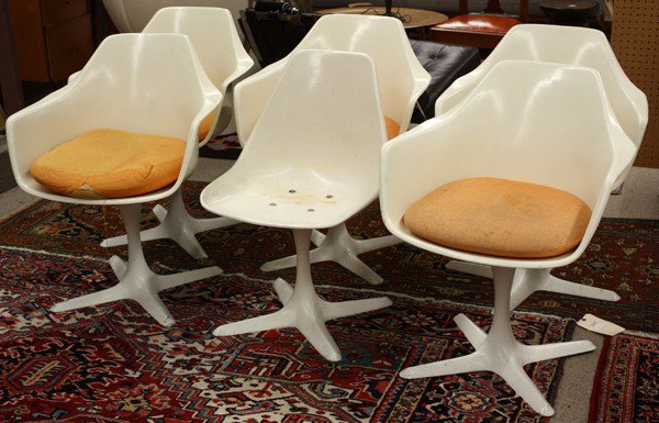 Burke dining chairs: (lot of 6) Burke swivel dining chairs, marked on base, 35''h