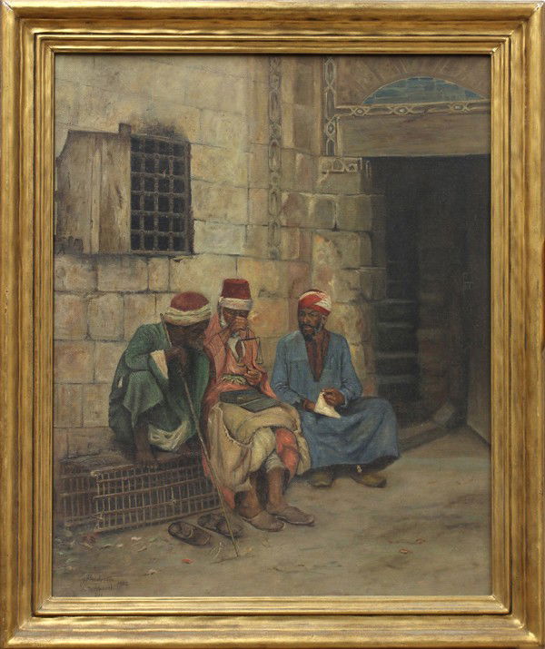 Painting, signed ''J. Fleischmann,'' Observing Sc: Framed oil on canvas, Observing the Scale, 1902, German School, signed ''J. Fleischmann'' lower left, additional inscriptions lower left, canvas: 27''h x 21.75''w, overall: 33''h x 27.75''w