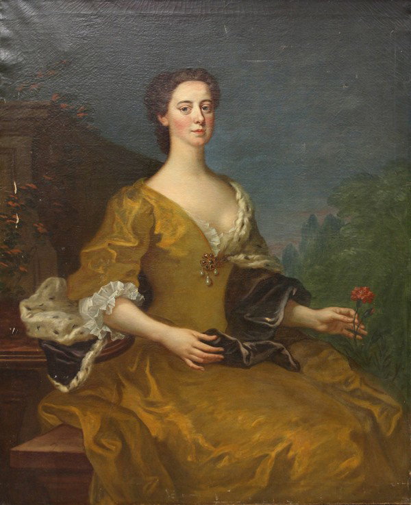 Painting, Pieter Johannes Van Reyschoot, Portrait: Unframed stretched oil on canvas, Portrait of a Lady (Wife of Sir Jonathan Pope Bart), 1739, by Pieter Johannes Van Reyschoot, signed and dated ''Van Reyschoot, 1739'' lower left, St. Mary's College o