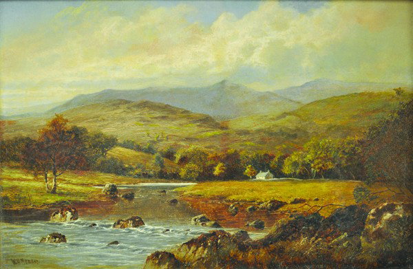 Painting, William Henry Mander, Liledt: Framed oil on canvas, ''On the Liledt'', by William Henry Mander (British, 1850-1922), signed ''W.H. Mander'' lower left, canvas: 23.5''h x 15.5''h, overall: 33.5''h x 25.5''w. Provenance: With Newhou
