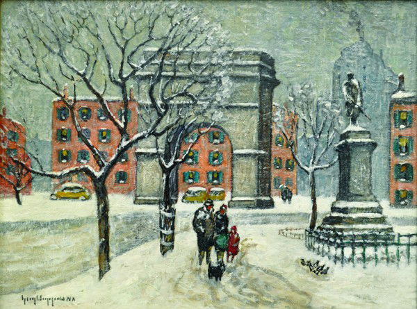 Painting, Guy C. Wiggins, Washington Square: Framed oil on canvas board, ''Washington Square,'' by Guy Carleton Wiggins (American, 1883-1962), signed ''Guy Wiggins NA'' lower left, signed and titled verso, canvas board: 12''h x 16''w, overall: 1