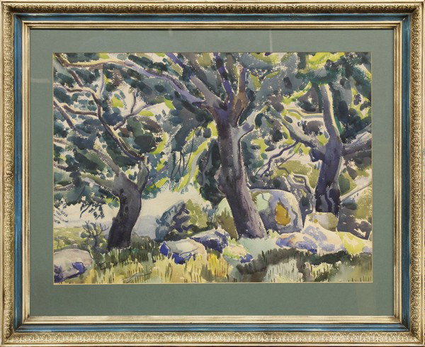 Watercolor, Elliot Torrey: Framed watercolor, California Landscape with Trees, by Elliot Bouton Torrey (Californian, 1867-1949), signed ''Eliot Torrey'' lower left, sight: 19''h x 26''w, overall: 28''h x 34''w