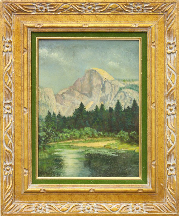 Painting, C.S. Nathan, Half Dome: Framed oil on masonite, ''Half Dome, Yosemite Valley'', 1940, by C.S. Nathan (Californian, 1860-1946), signed ''C.S. Nathan'' lower left, signed, titled, and dated verso, board: 16''h x 12''w, overall