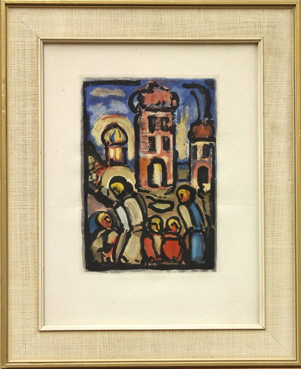 Etching, Georges Rouault, Christ et Les Enfants: Framed etching and aquatint, ''Christ et Les Enfants,'' 1935, by Georges Rouault (French 1871-1958), ed. 270, from André Suarès The Passion., published by Ambroise Vollard, Paris (1939), image: 12''