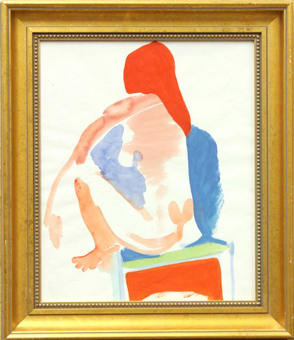 Watercolor, Collage, James Grant, Figure: (Lot of 2) Framed watercolor, Seated Nude, and a framed oil on paper collage, Untitled, 1995, by James Grant (Californian, 1924-1997), pencil signed and dated lower right, largest sight: 16.5''h x 14'