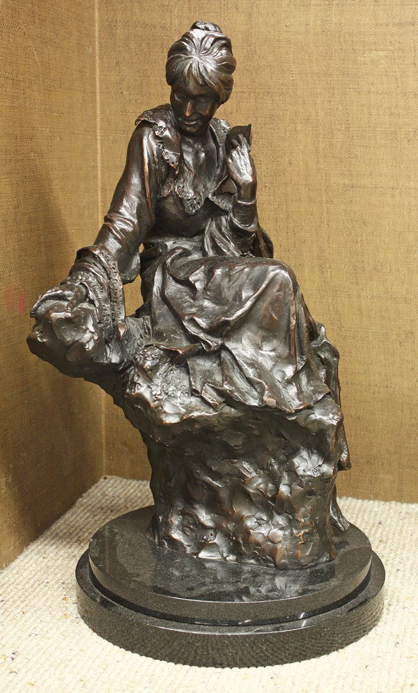 Bronze, Herb Mignery, Reply Requested: Bronze sculpture, ''Reply Requested,'' 2006, by Herb Mignery (American, b. 1937), signed ''Mignery '06'' lower right bottom, edition 2/9, black marble base, sculpture dimensions: 16.75''h x 11.25''w x