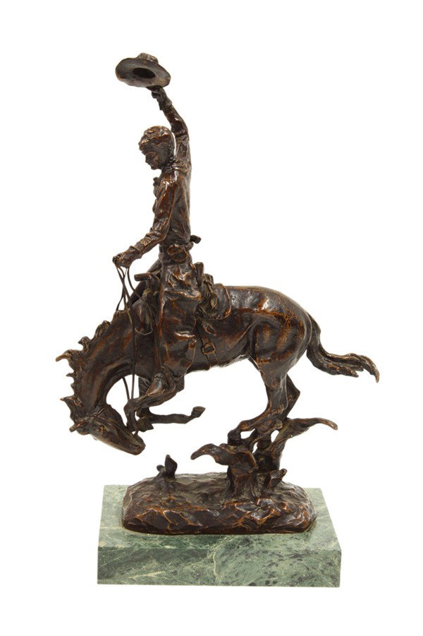 Bronze, Carl Kauba, Rodeo Rider: Bronze sculpture, Rodeo Rider, Carl Kauba (Austrian/American, 1865-1922), signed ''Kauba'' lower center, green marble base, sculpture dimensions: 13.25''h x 9.25''w x 3.5''d, overall (with base): 14.5