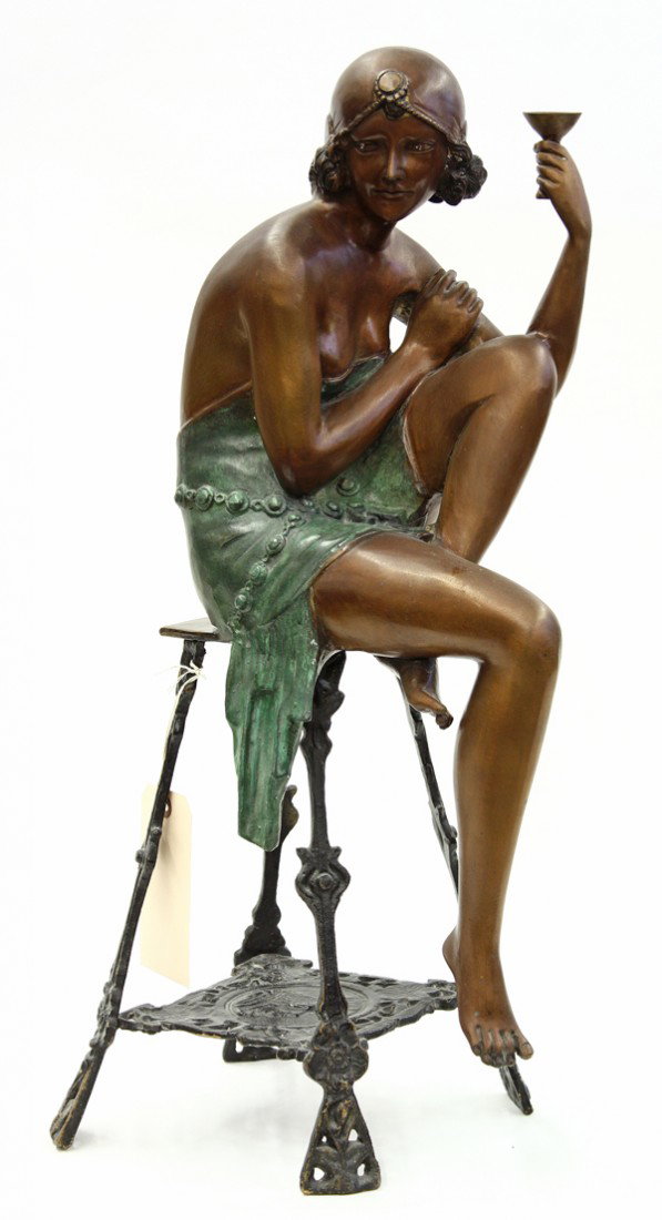 Bronze, Seated Art Deco Figure: Patinated bronze sculpture, Seated Art Deco Figure, Continental School (20th Century), inscribed ''Chantal'' lower back (stool top), overall: 27''h x 9''w x 9''d