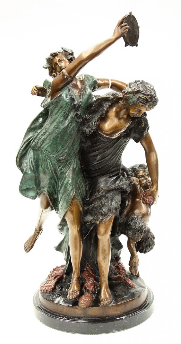 Bronze, after Egiste Rossi: Patinated bronze sculpture, Two Baccantes with Tambourine and Grapes and Young Satyr, after Egisto Rossi (Italian, 1856-1916), bears signature lower back base, overall: 22''h x 9''w x 9.5''d